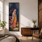 A tall narrow painting of the Virgin Mary standing in prayer with hands gently clasped, wearing a soft white veil over a flowing pink robe, surrounded by blooming flowers in rich pastel tones, set against a deep atmospheric background with expressive brushwork in a serene impressionistic style.