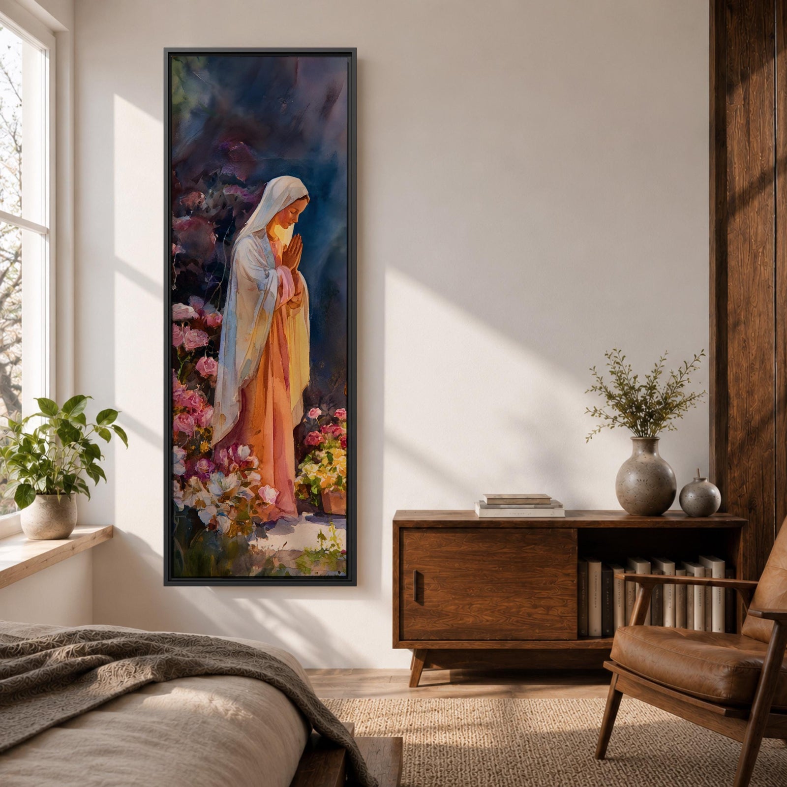 A tall narrow painting of the Virgin Mary standing in prayer with hands gently clasped, wearing a soft white veil over a flowing pink robe, surrounded by blooming flowers in rich pastel tones, set against a deep atmospheric background with expressive brushwork in a serene impressionistic style.