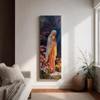 A tall narrow painting of the Virgin Mary standing in prayer with hands gently clasped, wearing a soft white veil over a flowing pink robe, surrounded by blooming flowers in rich pastel tones, set against a deep atmospheric background with expressive brushwork in a serene impressionistic style.