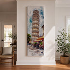 Long vertical watercolor style painting of the Leaning Tower rising above a lively Italian piazza with outdoor café tables and people walking along a stone street. The famous marble tower tilts gently against a bright sky while expressive brushstrokes capture the atmosphere of a historic Italian landmark and travel scene.