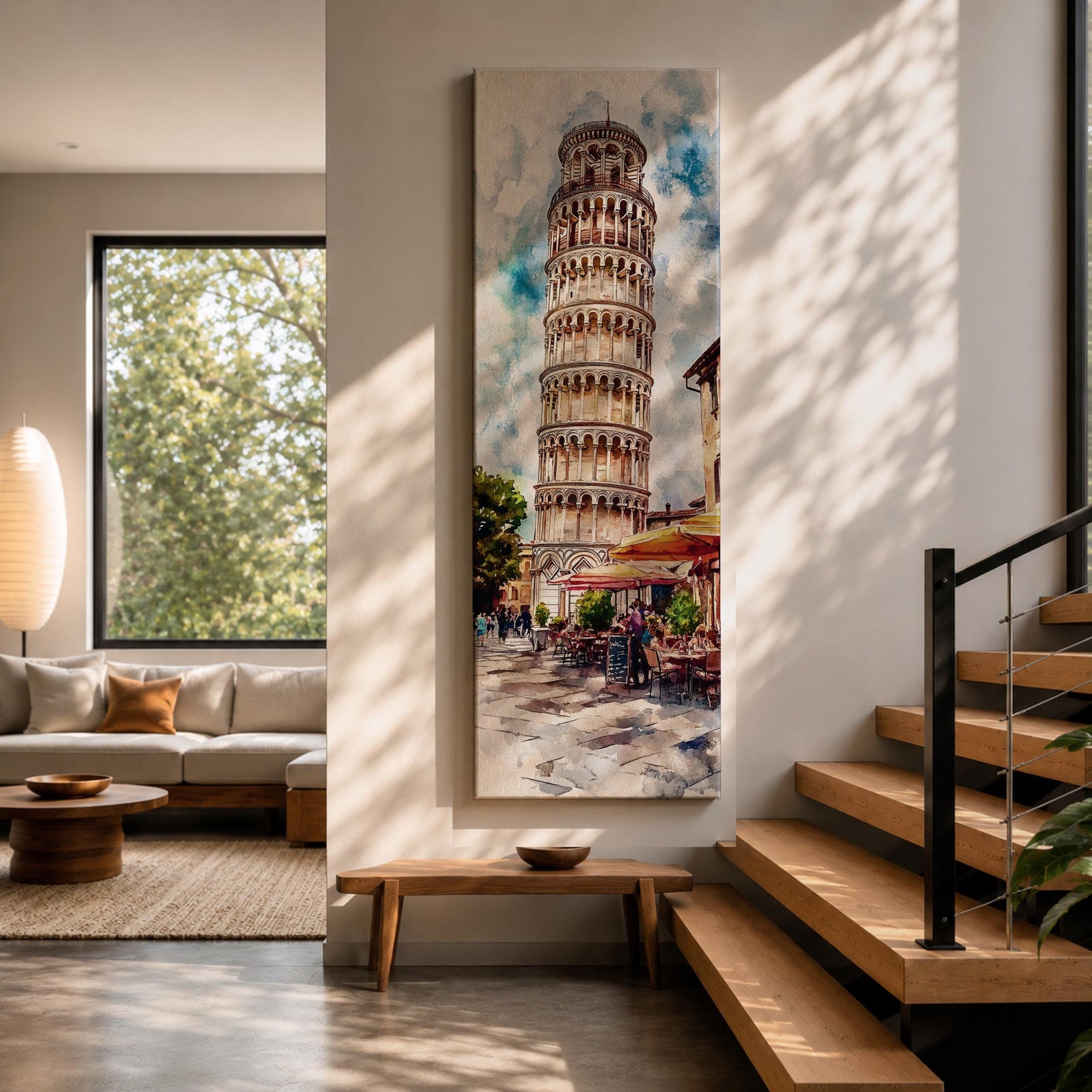 Long vertical watercolor style painting of the Leaning Tower rising above a lively Italian piazza with outdoor café tables and people walking along a stone street. The famous marble tower tilts gently against a bright sky while expressive brushstrokes capture the atmosphere of a historic Italian landmark and travel scene.