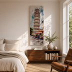 Long vertical watercolor style painting of the Leaning Tower rising above a lively Italian piazza with outdoor café tables and people walking along a stone street. The famous marble tower tilts gently against a bright sky while expressive brushstrokes capture the atmosphere of a historic Italian landmark and travel scene.