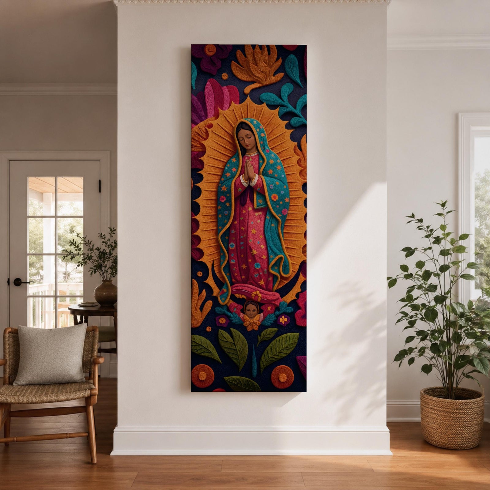 A tall narrow vertical depiction of Our Lady of Guadalupe with hands clasped in prayer, wearing a star covered mantle and framed by a radiant sunburst, surrounded by layered floral and botanical forms in a Mexican folk art style with rich contrasting tones and a dimensional textured composition.