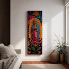 A tall narrow vertical depiction of Our Lady of Guadalupe with hands clasped in prayer, wearing a star covered mantle and framed by a radiant sunburst, surrounded by layered floral and botanical forms in a Mexican folk art style with rich contrasting tones and a dimensional textured composition.