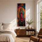 A tall narrow vertical depiction of Our Lady of Guadalupe with hands clasped in prayer, wearing a star covered mantle and framed by a radiant sunburst, surrounded by layered floral and botanical forms in a Mexican folk art style with rich contrasting tones and a dimensional textured composition.