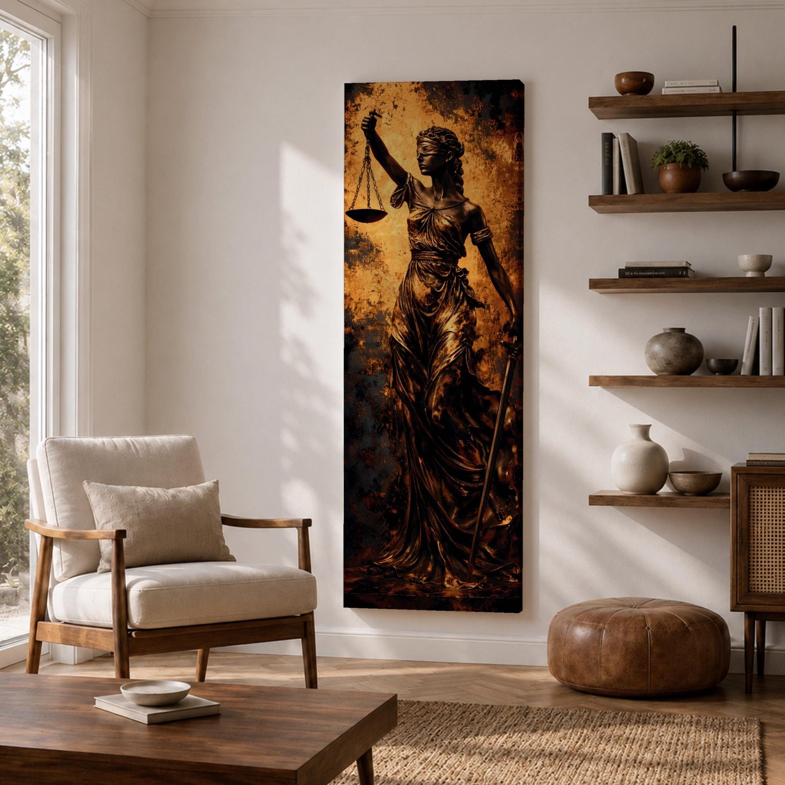 A tall narrow artwork depicting Lady Justice as a blindfolded classical figure holding balanced scales in one hand and a sword in the other, draped in flowing garments with a metallic bronze finish, set against a textured dark background with warm golden tones in a dramatic sculptural style.
