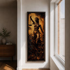 A tall narrow artwork depicting Lady Justice as a blindfolded classical figure holding balanced scales in one hand and a sword in the other, draped in flowing garments with a metallic bronze finish, set against a textured dark background with warm golden tones in a dramatic sculptural style.