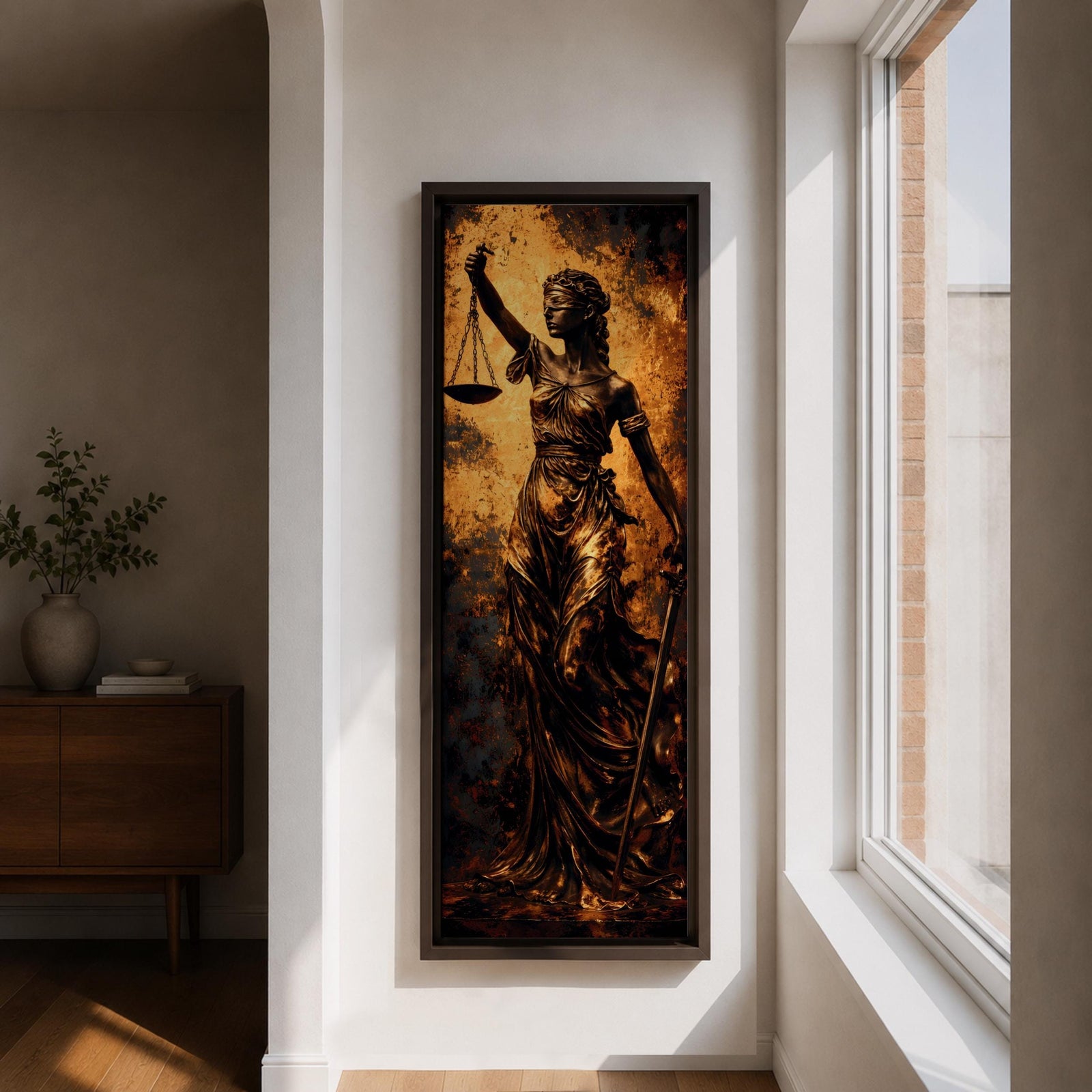 A tall narrow artwork depicting Lady Justice as a blindfolded classical figure holding balanced scales in one hand and a sword in the other, draped in flowing garments with a metallic bronze finish, set against a textured dark background with warm golden tones in a dramatic sculptural style.