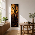 A tall narrow artwork depicting Lady Justice as a blindfolded classical figure holding balanced scales in one hand and a sword in the other, draped in flowing garments with a metallic bronze finish, set against a textured dark background with warm golden tones in a dramatic sculptural style.