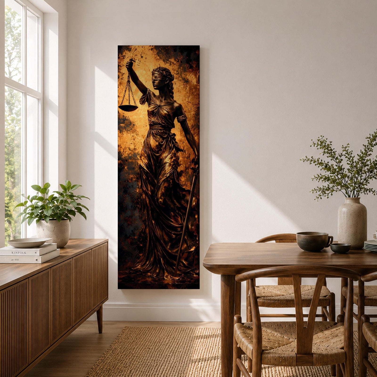 A tall narrow artwork depicting Lady Justice as a blindfolded classical figure holding balanced scales in one hand and a sword in the other, draped in flowing garments with a metallic bronze finish, set against a textured dark background with warm golden tones in a dramatic sculptural style.