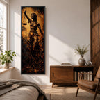 A tall narrow artwork depicting Lady Justice as a blindfolded classical figure holding balanced scales in one hand and a sword in the other, draped in flowing garments with a metallic bronze finish, set against a textured dark background with warm golden tones in a dramatic sculptural style.
