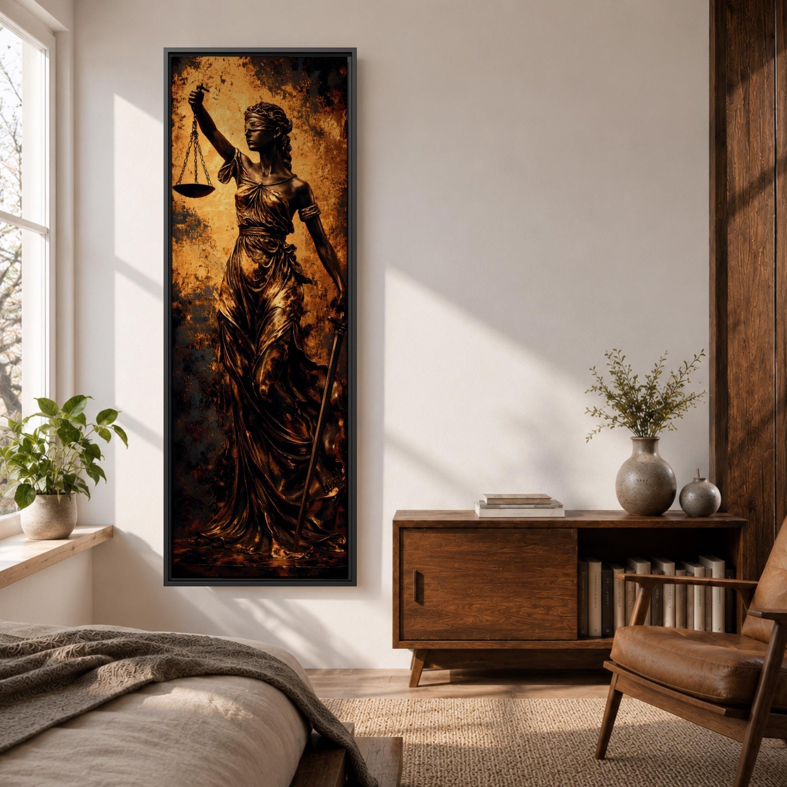 A tall narrow artwork depicting Lady Justice as a blindfolded classical figure holding balanced scales in one hand and a sword in the other, draped in flowing garments with a metallic bronze finish, set against a textured dark background with warm golden tones in a dramatic sculptural style.