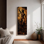 A tall narrow artwork depicting Lady Justice as a blindfolded classical figure holding balanced scales in one hand and a sword in the other, draped in flowing garments with a metallic bronze finish, set against a textured dark background with warm golden tones in a dramatic sculptural style.