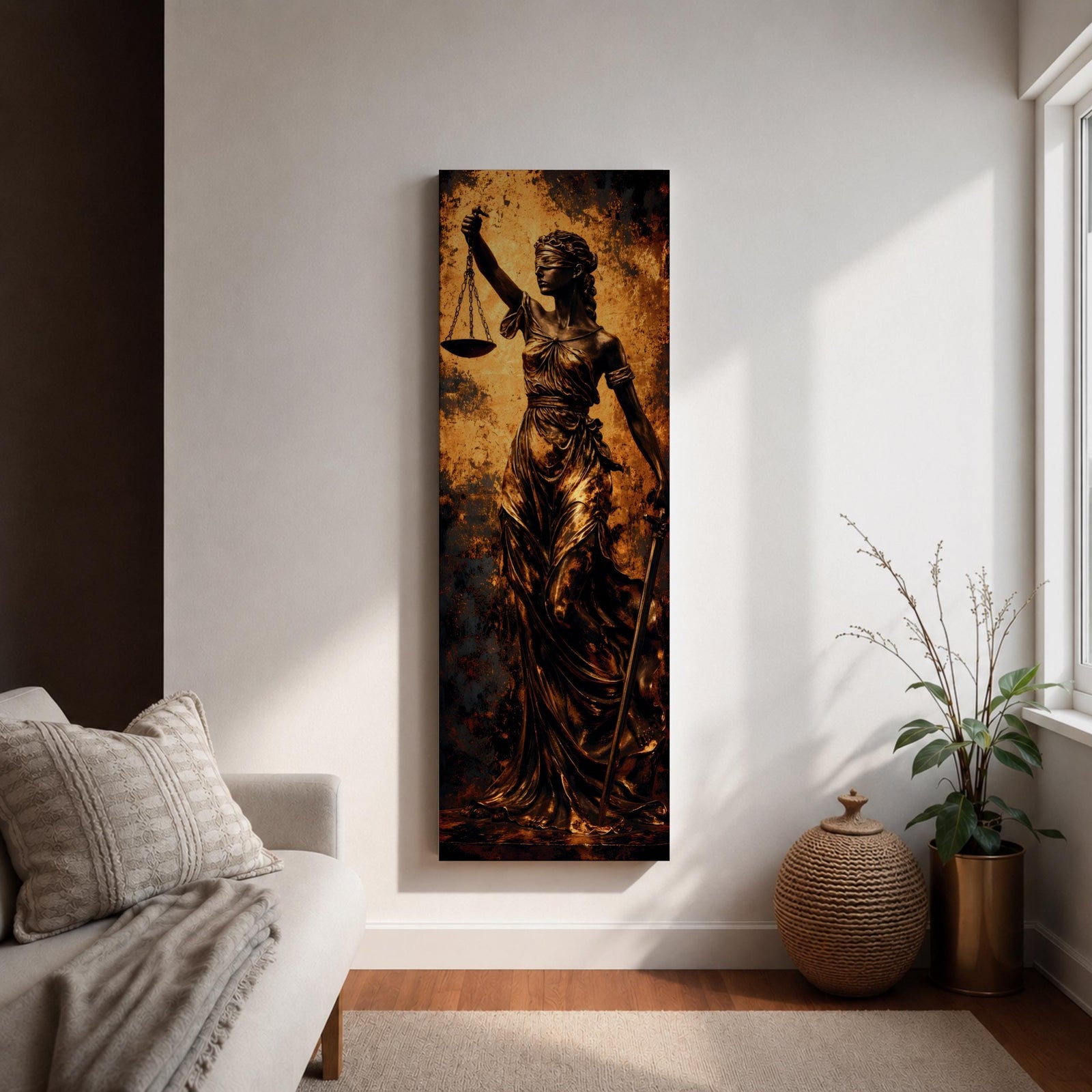 A tall narrow artwork depicting Lady Justice as a blindfolded classical figure holding balanced scales in one hand and a sword in the other, draped in flowing garments with a metallic bronze finish, set against a textured dark background with warm golden tones in a dramatic sculptural style.