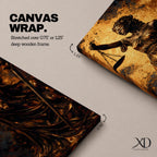 A tall narrow artwork depicting Lady Justice as a blindfolded classical figure holding balanced scales in one hand and a sword in the other, draped in flowing garments with a metallic bronze finish, set against a textured dark background with warm golden tones in a dramatic sculptural style.