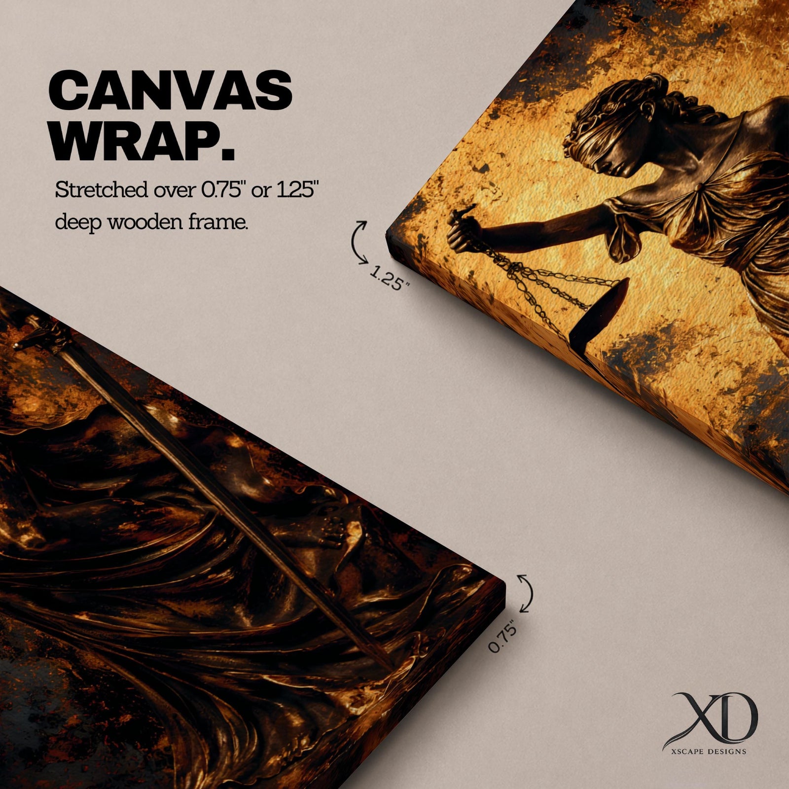 A tall narrow artwork depicting Lady Justice as a blindfolded classical figure holding balanced scales in one hand and a sword in the other, draped in flowing garments with a metallic bronze finish, set against a textured dark background with warm golden tones in a dramatic sculptural style.