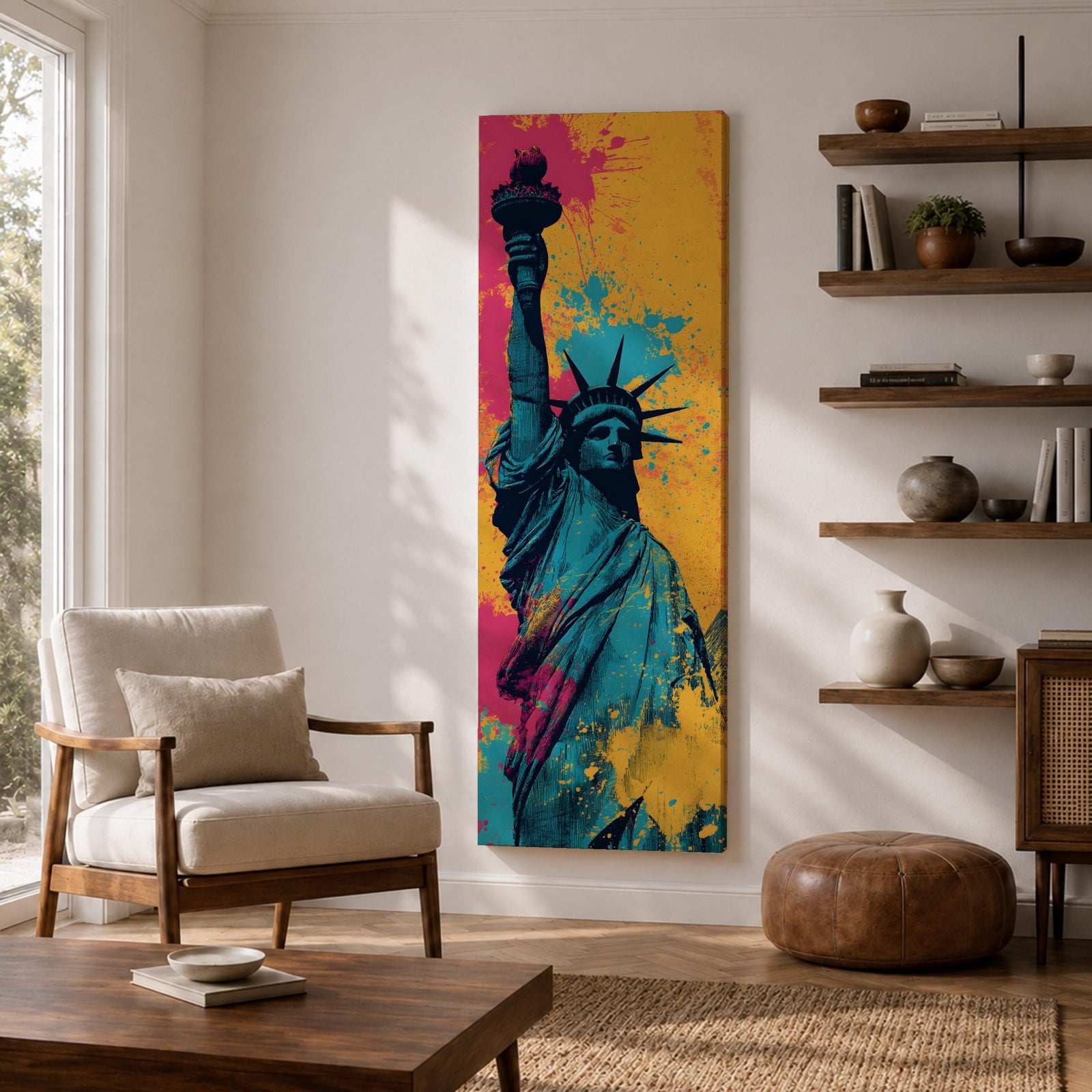 A tall narrow artwork of the Statue of Liberty shown from a low angle with the torch raised, rendered in bold pop art style with vibrant teal tones contrasted by bright pink and yellow paint splashes, featuring dynamic splatter textures and graphic shading in a modern abstract urban composition.