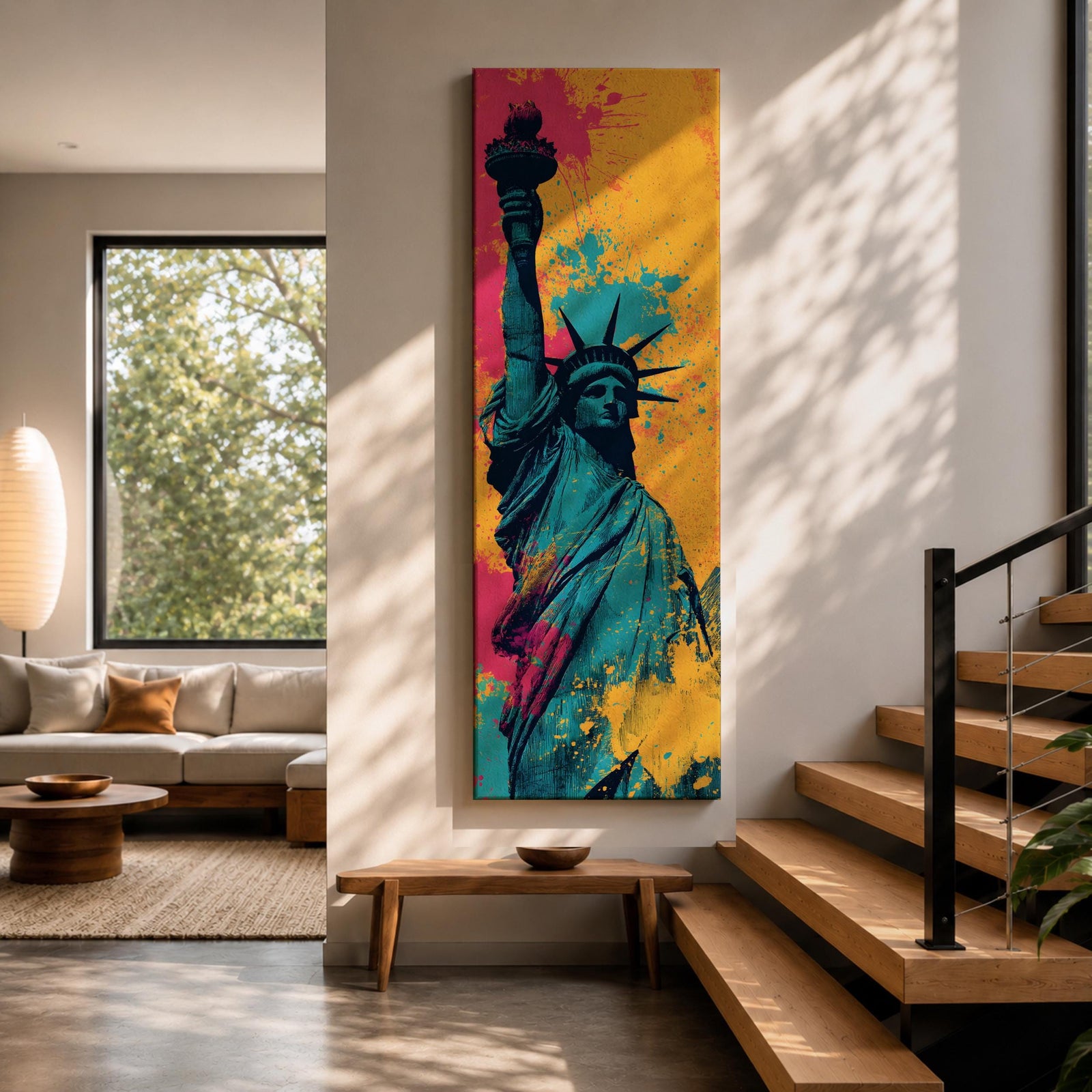 A tall narrow artwork of the Statue of Liberty shown from a low angle with the torch raised, rendered in bold pop art style with vibrant teal tones contrasted by bright pink and yellow paint splashes, featuring dynamic splatter textures and graphic shading in a modern abstract urban composition.