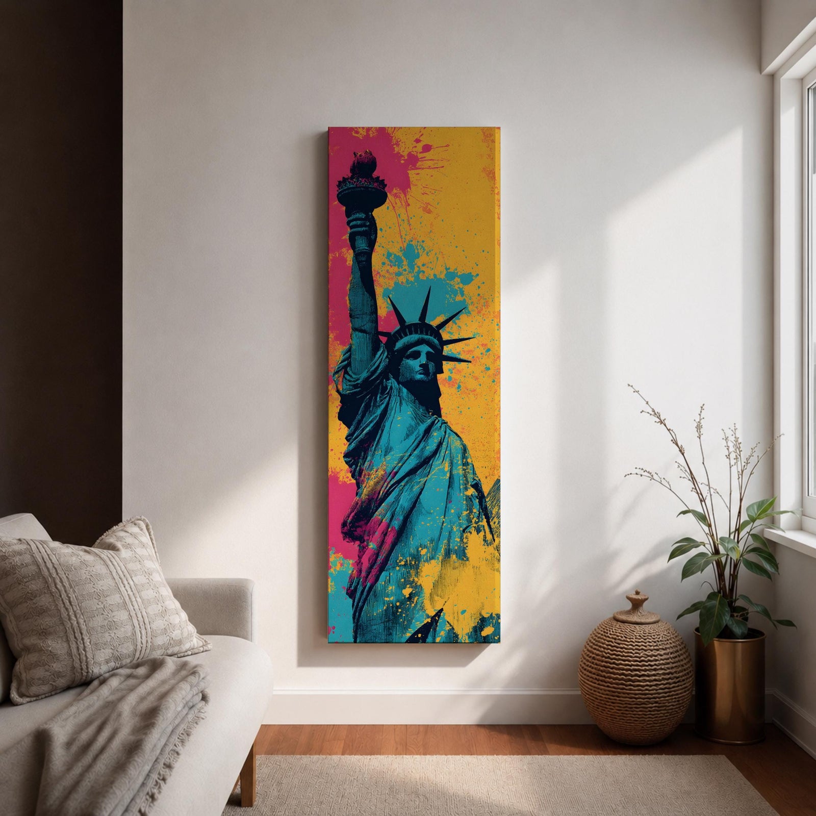 A tall narrow artwork of the Statue of Liberty shown from a low angle with the torch raised, rendered in bold pop art style with vibrant teal tones contrasted by bright pink and yellow paint splashes, featuring dynamic splatter textures and graphic shading in a modern abstract urban composition.