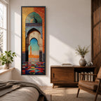 Long vertical painting of a Moroccan mosque arch framing a distant minaret beneath a bright sky. Intricate geometric tile patterns and colorful mosaic flooring lead through the ornate archway while warm sunlight illuminates the courtyard creating a vibrant Islamic architectural scene.
