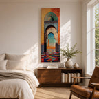 Long vertical painting of a Moroccan mosque arch framing a distant minaret beneath a bright sky. Intricate geometric tile patterns and colorful mosaic flooring lead through the ornate archway while warm sunlight illuminates the courtyard creating a vibrant Islamic architectural scene.