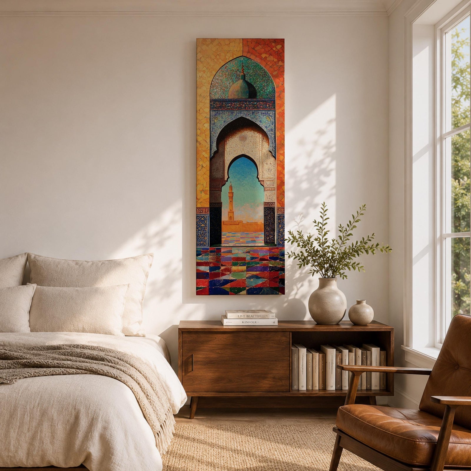Long vertical painting of a Moroccan mosque arch framing a distant minaret beneath a bright sky. Intricate geometric tile patterns and colorful mosaic flooring lead through the ornate archway while warm sunlight illuminates the courtyard creating a vibrant Islamic architectural scene.