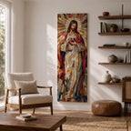 Long vertical stained glass style painting of Jesus Christ holding the Sacred Heart at his chest while radiant golden rays form a halo behind him. The figure is composed of colorful mosaic glass segments in red gold blue and white creating a luminous Christian devotional composition.