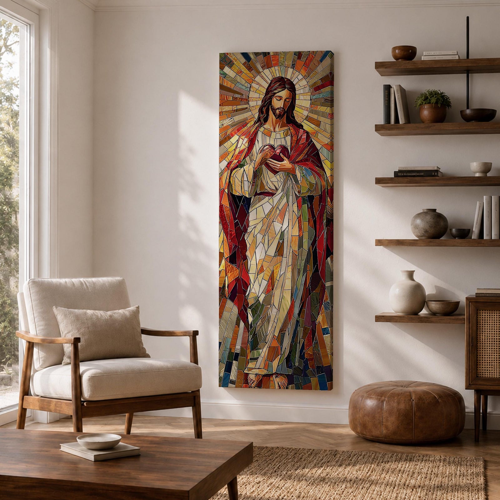 Long vertical stained glass style painting of Jesus Christ holding the Sacred Heart at his chest while radiant golden rays form a halo behind him. The figure is composed of colorful mosaic glass segments in red gold blue and white creating a luminous Christian devotional composition.