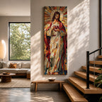 Long vertical stained glass style painting of Jesus Christ holding the Sacred Heart at his chest while radiant golden rays form a halo behind him. The figure is composed of colorful mosaic glass segments in red gold blue and white creating a luminous Christian devotional composition.