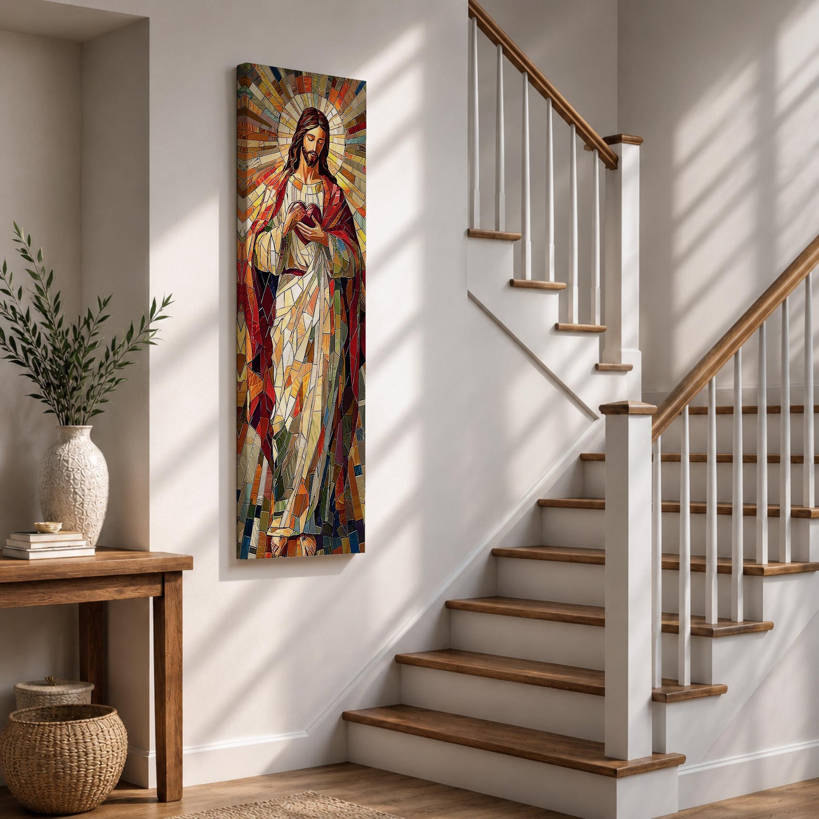 Long vertical stained glass style painting of Jesus Christ holding the Sacred Heart at his chest while radiant golden rays form a halo behind him. The figure is composed of colorful mosaic glass segments in red gold blue and white creating a luminous Christian devotional composition.