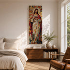 Long vertical stained glass style painting of Jesus Christ holding the Sacred Heart at his chest while radiant golden rays form a halo behind him. The figure is composed of colorful mosaic glass segments in red gold blue and white creating a luminous Christian devotional composition.