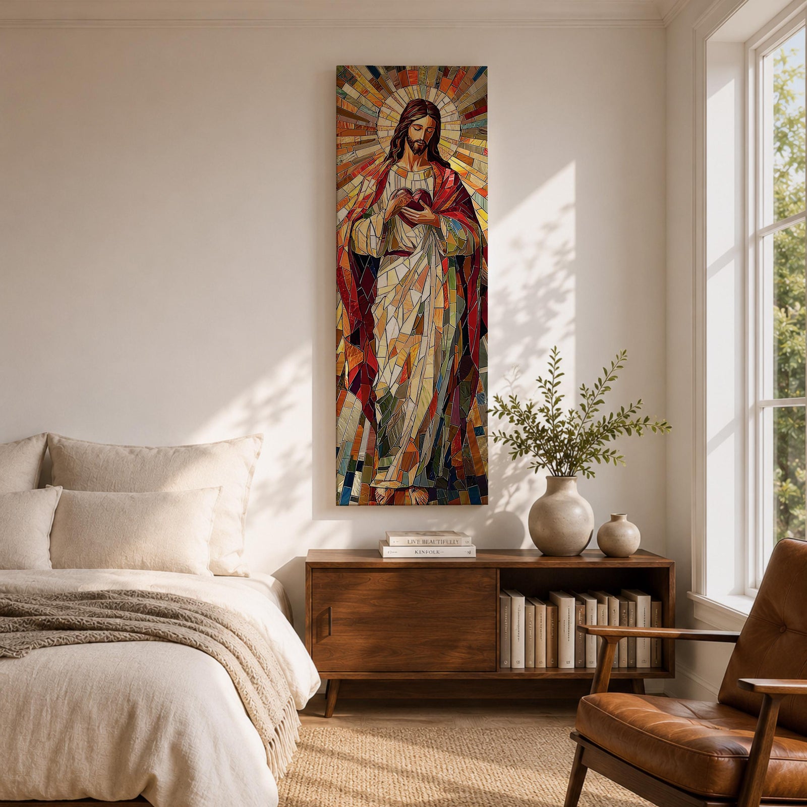Long vertical stained glass style painting of Jesus Christ holding the Sacred Heart at his chest while radiant golden rays form a halo behind him. The figure is composed of colorful mosaic glass segments in red gold blue and white creating a luminous Christian devotional composition.