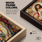 Long vertical stained glass style painting of Jesus Christ holding the Sacred Heart at his chest while radiant golden rays form a halo behind him. The figure is composed of colorful mosaic glass segments in red gold blue and white creating a luminous Christian devotional composition.