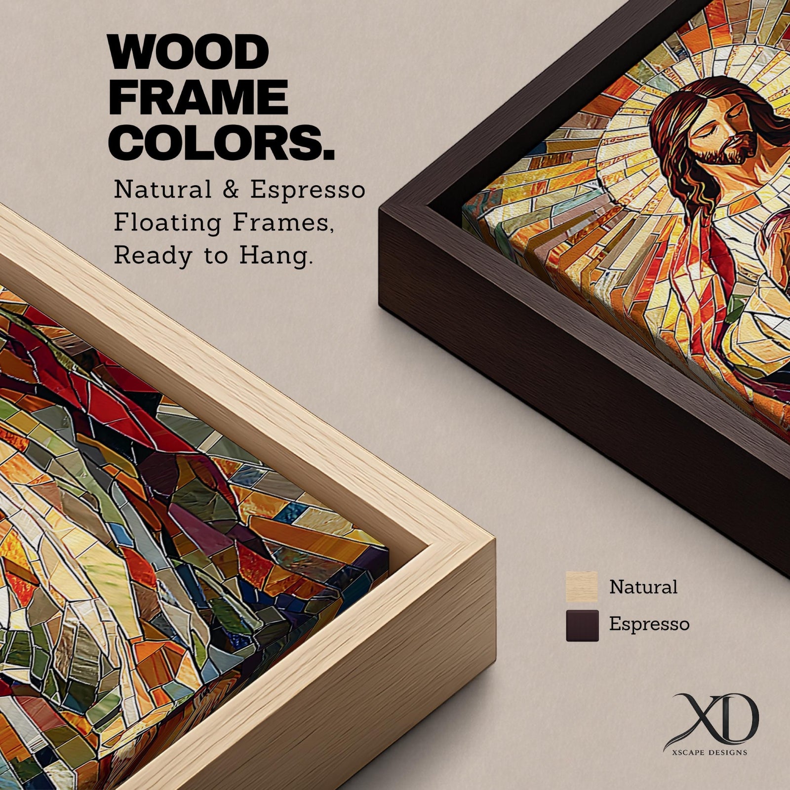 Long vertical stained glass style painting of Jesus Christ holding the Sacred Heart at his chest while radiant golden rays form a halo behind him. The figure is composed of colorful mosaic glass segments in red gold blue and white creating a luminous Christian devotional composition.