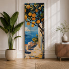 Long vertical painting of a lemon tree with bright yellow fruit hanging above a sunlit coastal path overlooking deep blue Mediterranean water. White walls and a seaside terrace lead toward the horizon while bold brushstrokes capture a warm Italian coastal landscape.