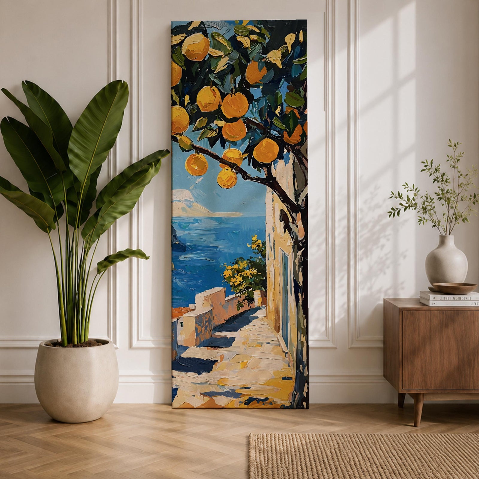 Long vertical painting of a lemon tree with bright yellow fruit hanging above a sunlit coastal path overlooking deep blue Mediterranean water. White walls and a seaside terrace lead toward the horizon while bold brushstrokes capture a warm Italian coastal landscape.