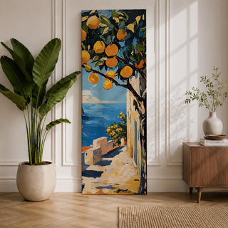 Long vertical painting of a lemon tree with bright yellow fruit hanging above a sunlit coastal path overlooking deep blue Mediterranean water. White walls and a seaside terrace lead toward the horizon while bold brushstrokes capture a warm Italian coastal landscape.