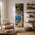 Long vertical painting of a lemon tree with bright yellow fruit hanging above a sunlit coastal path overlooking deep blue Mediterranean water. White walls and a seaside terrace lead toward the horizon while bold brushstrokes capture a warm Italian coastal landscape.
