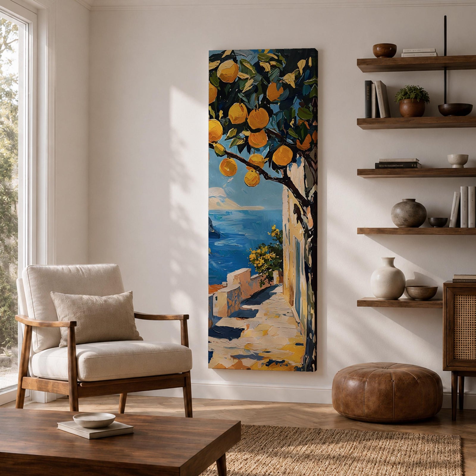Long vertical painting of a lemon tree with bright yellow fruit hanging above a sunlit coastal path overlooking deep blue Mediterranean water. White walls and a seaside terrace lead toward the horizon while bold brushstrokes capture a warm Italian coastal landscape.