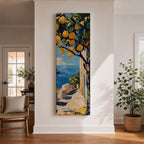 Long vertical painting of a lemon tree with bright yellow fruit hanging above a sunlit coastal path overlooking deep blue Mediterranean water. White walls and a seaside terrace lead toward the horizon while bold brushstrokes capture a warm Italian coastal landscape.