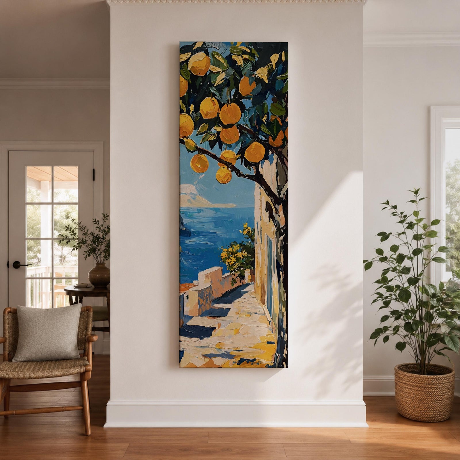 Long vertical painting of a lemon tree with bright yellow fruit hanging above a sunlit coastal path overlooking deep blue Mediterranean water. White walls and a seaside terrace lead toward the horizon while bold brushstrokes capture a warm Italian coastal landscape.