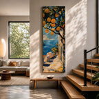 Long vertical painting of a lemon tree with bright yellow fruit hanging above a sunlit coastal path overlooking deep blue Mediterranean water. White walls and a seaside terrace lead toward the horizon while bold brushstrokes capture a warm Italian coastal landscape.