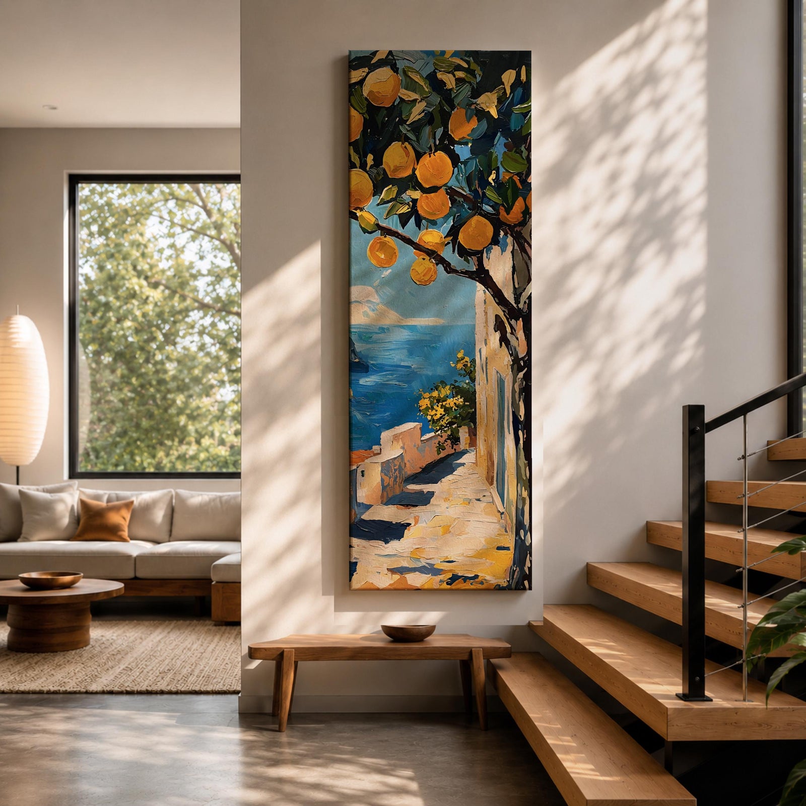 Long vertical painting of a lemon tree with bright yellow fruit hanging above a sunlit coastal path overlooking deep blue Mediterranean water. White walls and a seaside terrace lead toward the horizon while bold brushstrokes capture a warm Italian coastal landscape.