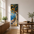 Long vertical painting of a lemon tree with bright yellow fruit hanging above a sunlit coastal path overlooking deep blue Mediterranean water. White walls and a seaside terrace lead toward the horizon while bold brushstrokes capture a warm Italian coastal landscape.