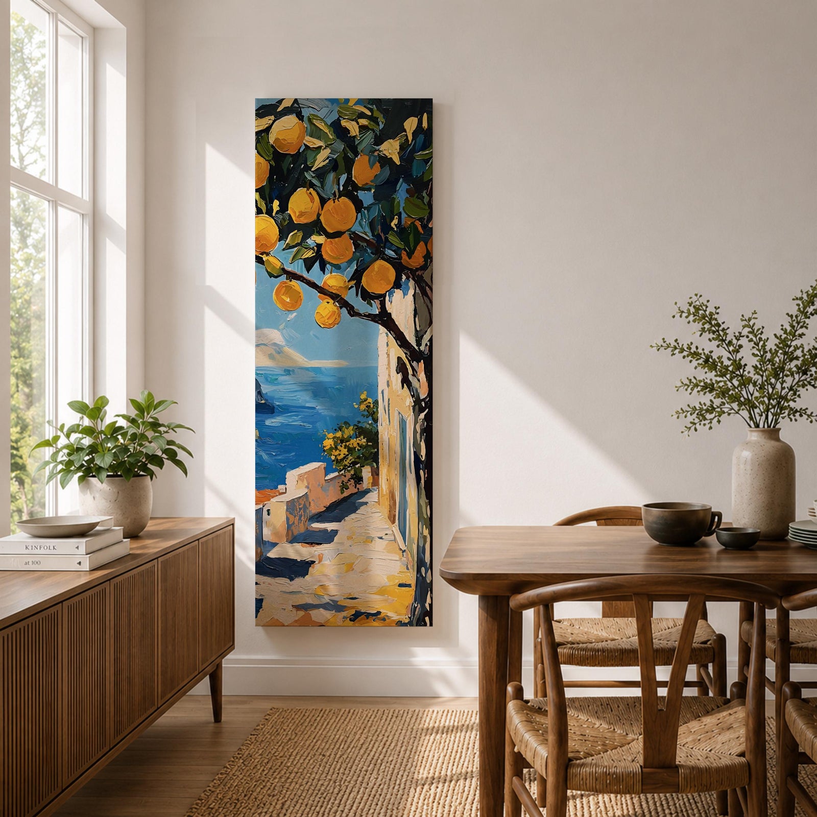 Long vertical painting of a lemon tree with bright yellow fruit hanging above a sunlit coastal path overlooking deep blue Mediterranean water. White walls and a seaside terrace lead toward the horizon while bold brushstrokes capture a warm Italian coastal landscape.