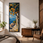 Long vertical painting of a lemon tree with bright yellow fruit hanging above a sunlit coastal path overlooking deep blue Mediterranean water. White walls and a seaside terrace lead toward the horizon while bold brushstrokes capture a warm Italian coastal landscape.