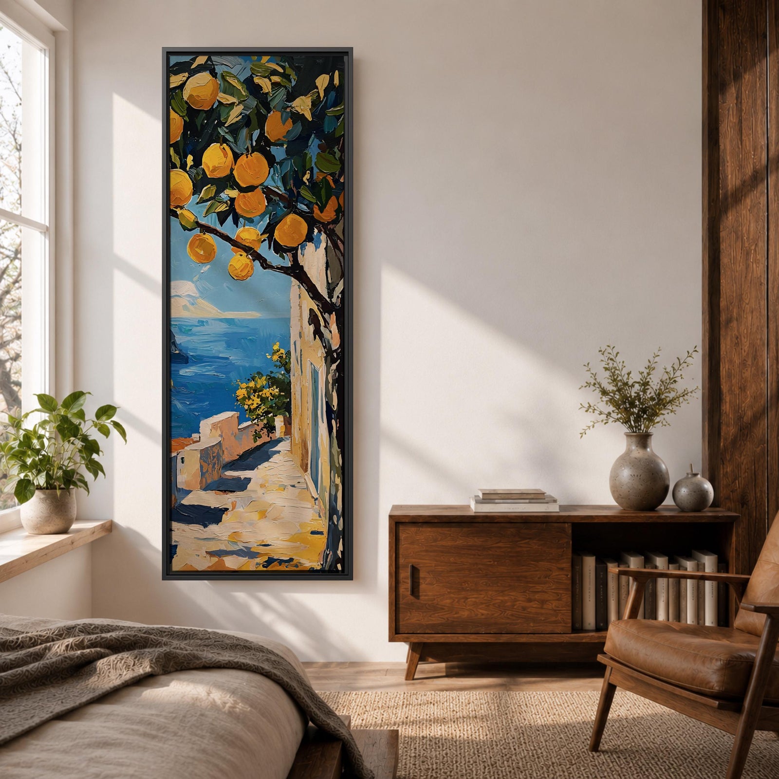 Long vertical painting of a lemon tree with bright yellow fruit hanging above a sunlit coastal path overlooking deep blue Mediterranean water. White walls and a seaside terrace lead toward the horizon while bold brushstrokes capture a warm Italian coastal landscape.