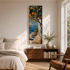 Long vertical painting of a lemon tree with bright yellow fruit hanging above a sunlit coastal path overlooking deep blue Mediterranean water. White walls and a seaside terrace lead toward the horizon while bold brushstrokes capture a warm Italian coastal landscape.