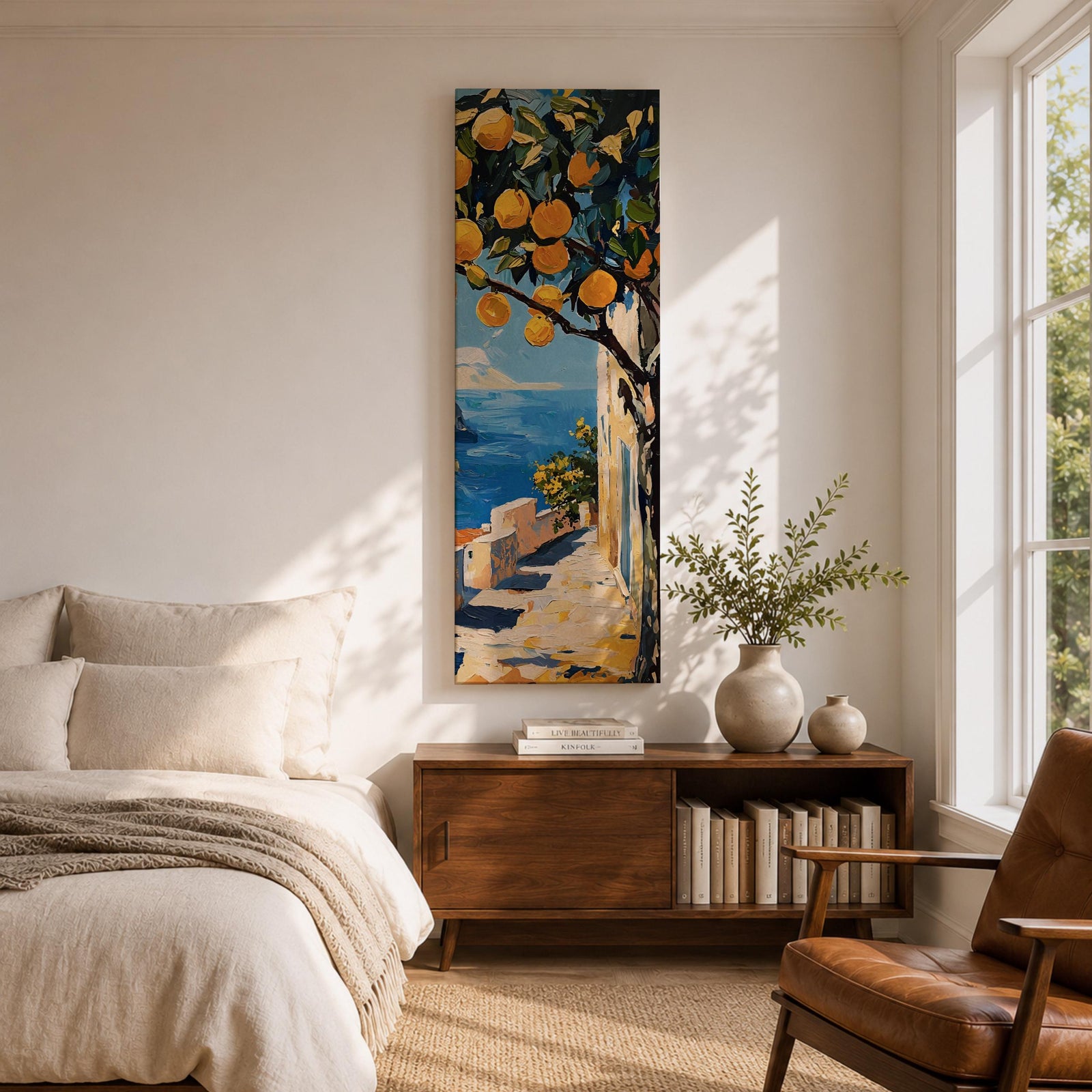 Long vertical painting of a lemon tree with bright yellow fruit hanging above a sunlit coastal path overlooking deep blue Mediterranean water. White walls and a seaside terrace lead toward the horizon while bold brushstrokes capture a warm Italian coastal landscape.