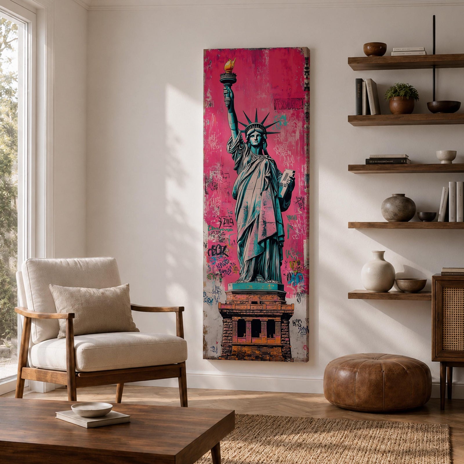 Long vertical street art style painting of the Statue of Liberty standing with torch raised against a vibrant pink graffiti wall. Spray paint textures and layered urban markings surround the monument while bold teal and copper tones highlight the iconic New York landmark.